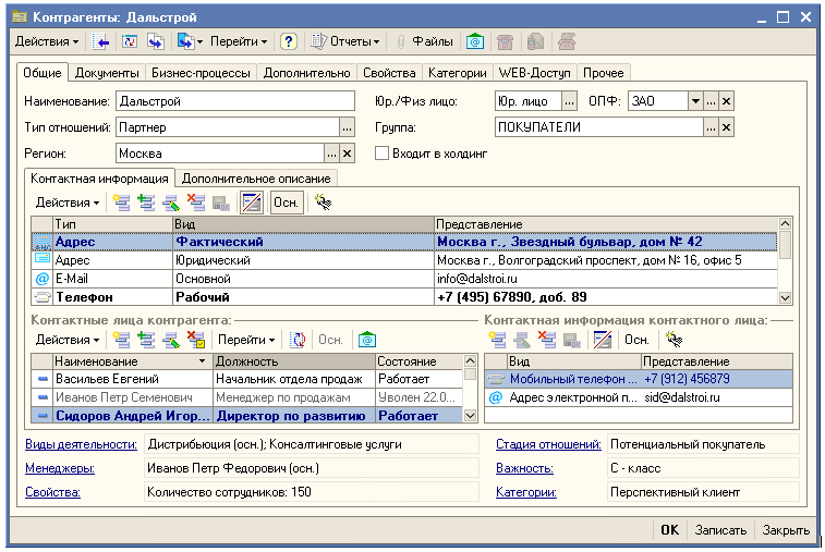 Рис. 1. «1С:CRM» – расширенная информация о клиенте и контактных лицах в карточке клиента позволяет сохранить информацию о клиентах в случае увольнения менеджера по продажам, быстро связаться с клиентом удобным способом и провести анализ базы клиентов по различным аналитическим параметрам. 